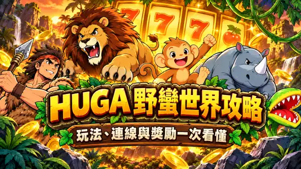 HUGA野蠻世界攻略主題插圖，呈現叢林動物、獵人及玩法連線與獎勵說明
