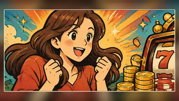 復古漫畫中的成年女子與777轉輪機台、遊戲籌碼及金幣